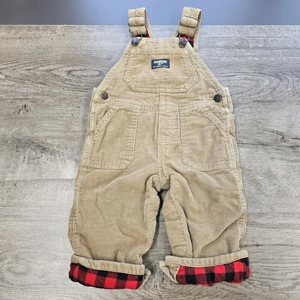 OshKosh Bgosh Corduroy Overalls Baby Size 12 Month Buffalo Check Plaid Lined